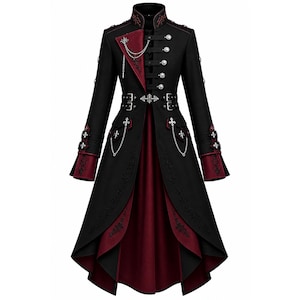 May include: A black and dark red long coat featuring a high collar, silver-toned buttons, and decorative silver chains. The garment includes a waist belt with a central cross-shaped buckle, embroidered detailing, and flared cuffs with red accents.