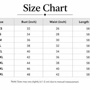 May include: A black and white size chart table titled Size Chart with columns for Size, Bust (inch), Waist (inch), and Length (inch). It lists sizes from XS to 5XL with corresponding measurements in inches. A note states sizes may vary by 1-2 cm.