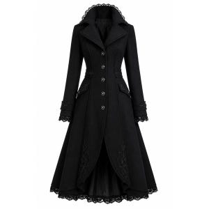 May include: A long black coat featuring a structured collar with lace trim, a button-down front, and long sleeves with lace-trimmed cuffs. The coat includes decorative embroidery at the waist and hem, with a flared skirt and lace edging.
