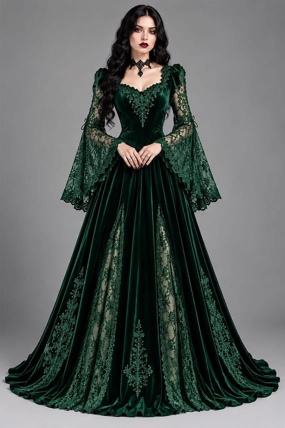 Emerald Green Velvet Gothic Maxi Dress, Lace Bell Sleeves, Victorian Evening Gown