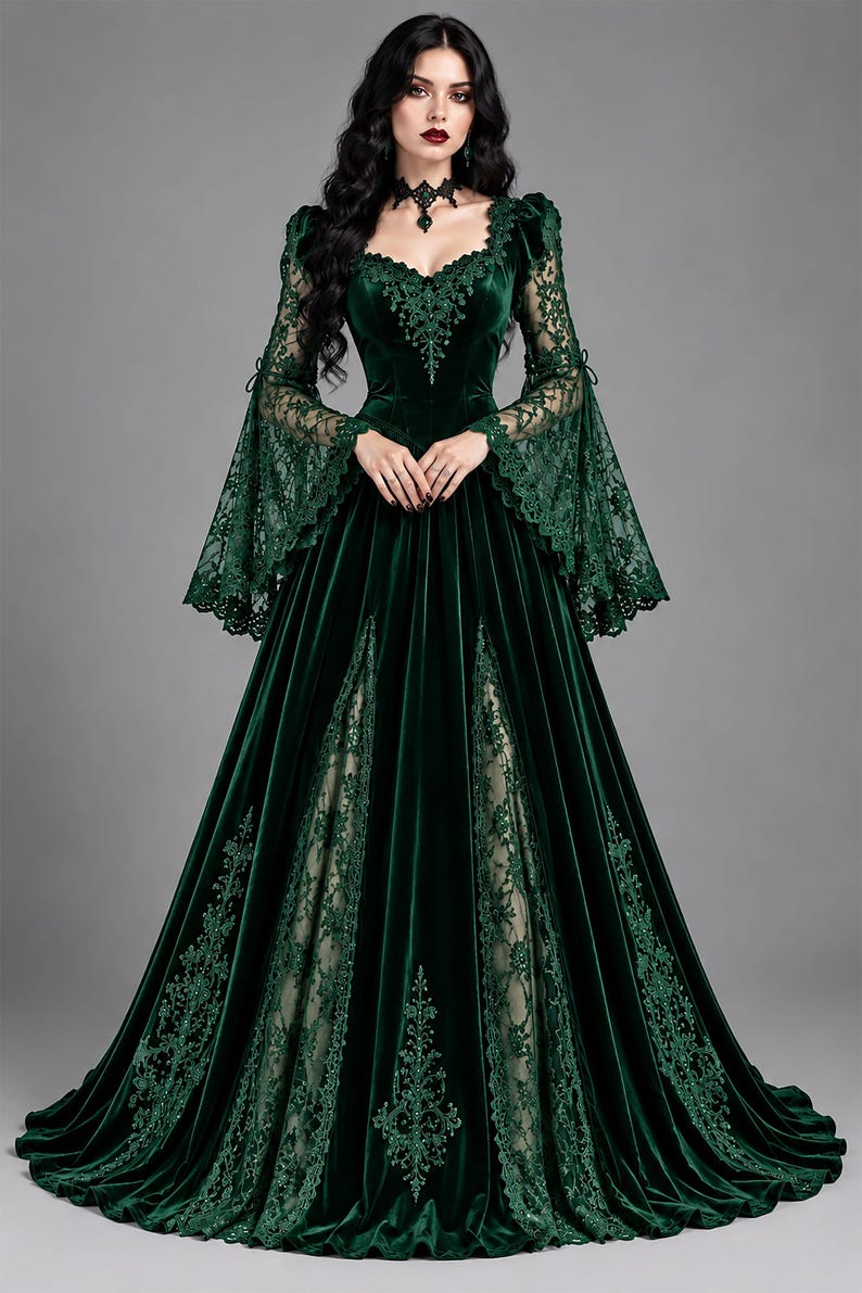 May include: A floor-length dark green velvet gown featuring long flared lace sleeves, a sweetheart neckline with intricate embroidery, and a full skirt with vertical lace panels. The dress includes a matching black lace choker accessory.