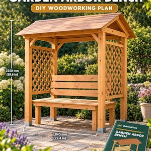 May include: A wooden garden arbor bench DIY woodworking plan featuring a sloped roof, lattice side panels, and a horizontal slat backrest. The structure measures 2250 mm (88.6 in) in height and 1840 mm (72.4 in) in width. Includes a printed guide.