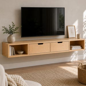 May include: A light-toned wooden floating media console featuring two central drawers with cutout handles and two open side compartments. The unit is mounted on a wall beneath a flat-screen television, with a vase, books, and a framed print displayed.