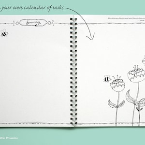 May include: A blank calendar page with a black and white illustration of bees and flowers. The page is labeled "January" and has a quote by Claude Monet: "More than anything I must have flowers, always, always."