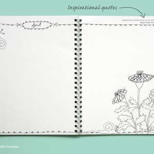 May include: A black and white illustration of a journal with a quote from Ralph Waldo Emerson: "Adopt the pace of nature: her secret is patience." The journal is open to the April page and features a snail and a flower illustration.