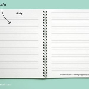 May include: A white spiral bound notebook with lined pages. The cover has the words "Keep notes" and "Notes" written on it. The quote "One is nearer God's heart in a garden than anywhere else on earth. Dorothy Frances Gurney" is printed on the bottom right corner of the page.