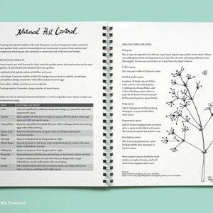 May include: A page from a natural pest control guide with a list of common garden pests and their control methods. The page also includes recipes for organic sprays using ingredients like oil, garlic, chili peppers, and peppermint.