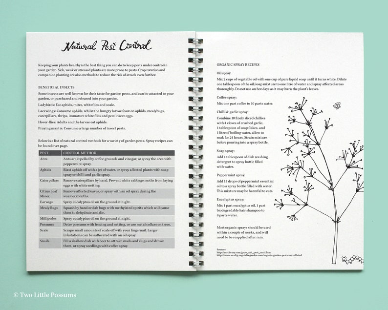 May include: A page from a natural pest control guide with a list of common garden pests and their control methods. The page also includes recipes for organic sprays using ingredients like oil, garlic, chili peppers, and peppermint.
