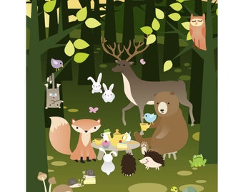 8x12" - Nursery Art / Children's Decor - Forest Friends Tea Party