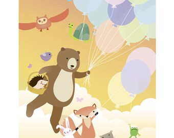 8x12" - Nursery Art / Children's Decor - Forest Friends Flying High