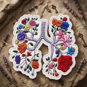 May include: An embroidered patch shaped like human lungs with a white background. The bronchial tree is depicted in light purple, with various colourful flowers and green leaves blooming from the branches, including red, orange, pink, blue, and yellow blossoms.