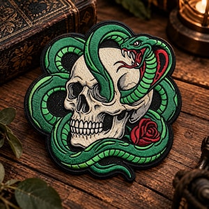 Custom Embroidered Patch, Skull Snake Rose Iron On Sew On Hook and Loop Patch, Gothic Cobra Biker Jacket Accessory, Dark Tattoo Art Gift