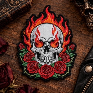 Custom Embroidered Patch, Flaming Skull Rose Iron On Sew On Hook and Loop Patch, Fire Skull Biker Jacket Badge, Gothic Tattoo Style Gift