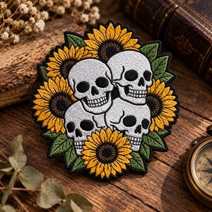 Custom Embroidered Patch, Skull Sunflower Iron On Sew On Hook and Loop Patch, Gothic Floral Skeleton Badge, Boho Halloween Jacket Accessory