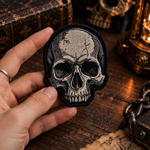 Custom Embroidered Patch, Gothic Skull Iron On Sew On Hook and Loop Patch, Skeleton Head Biker Jacket Badge, Dark Halloween Gift for Adults