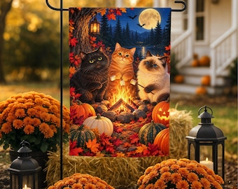 Autumn Cats Around Campfire Garden Banner