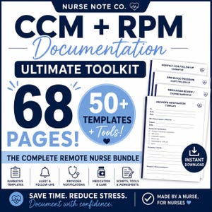 May include: A digital toolkit for nurses titled Nurse Note Co. CCM + RPM Documentation Ultimate Toolkit. It features 68 pages and 50+ templates and tools for remote nursing. The document includes forms for follow-ups, blood pressure alerts, and provider notifications.