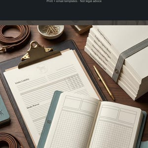 May include: A dog trainer operations kit featuring a clipboard with Intake/Liability and Media Waiver forms, a stack of printed sheets, a gold pen, and a blue notebook with grid pages. The text reads DOG TRAINER OPS KIT, Intake, Waiver, Sessions, Homework.
