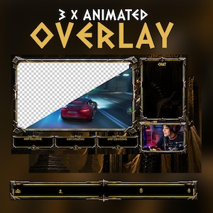 May include: A digital streaming overlay set featuring metallic, dark-toned frames with ornate edges. The design includes a main video window, a chat box, and three lower notification bars labeled New Follower, New Donation, and New Subscriber.
