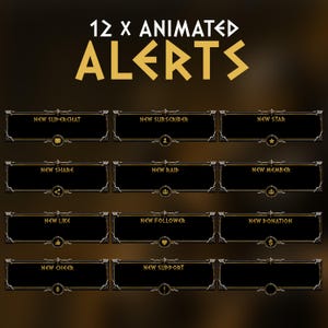 May include: A digital graphic set titled 12 X ANIMATED ALERTS featuring twelve rectangular black frames with gold borders and metallic corner accents. Each frame contains gold text labels including New Superchat, Subscriber, Star, Share, Raid, Member, Like, Follower, Donation, Cheer, and Support.