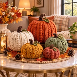 May include: A collection of five crocheted pumpkins in orange, cream, yellow, green, and rust colors. Each pumpkin features a dark brown stem and a small green leaf. They are arranged on a round woven mat with pinecones and string lights.