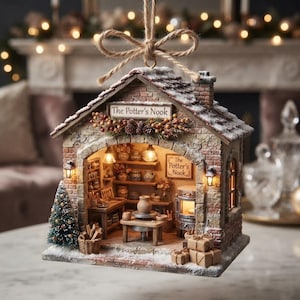 May include: A hanging miniature house ornament titled The Potter's Nook, featuring a brick and stone exterior with snow-dusted roof, a lit interior workshop with pottery tools, a kiln, shelves, a small Christmas tree, and wrapped gift boxes.