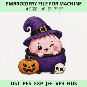 May include: Embroidery file for machine with text EMBROIDERY FILE FOR MACHINE 4 SIZE : 4" 5" 7" 9" and DST PES EXP JEF VP3 HUS. A pink dumpling character wearing a purple witch hat with a black belt sits in a purple cauldron next to an orange jack-o'-lantern and a small white skull.
