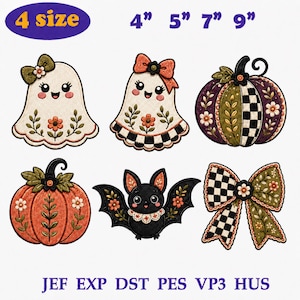 May include: A set of six embroidered designs featuring two ghosts with floral patterns, two pumpkins with checkered and floral details, a black bat, and a large checkered bow. The text 4 size 4" 5" 7" 9" and file formats JEF EXP DST PES VP3 HUS are visible.