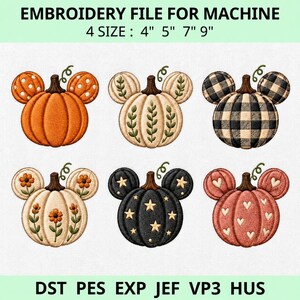Op de afbeelding: Een borduurbestand voor machines met zes pompoenontwerpen in de vorm van muizenoortjes. Patronen bevatten oranje stippen, groene ranken, zwart-wit ruitjes, oranje bloemen, gouden sterren en witte hartjes. Tekst: EMBROIDERY FILE FOR MACHINE 4 SIZE : 4" 5" 7" 9" DST PES EXP JEF VP3 HUS
