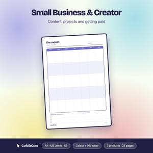 May include: A digital monthly planner page titled The month with a seven-column grid for days of the week, a section for campaigns, and dates to set. The text Small Business & Creator, Content, projects and getting paid, and CtrlAltCute appear.