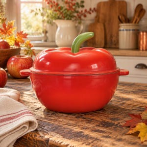 May include: A bright red, round, lidded cooking pot shaped like a bell pepper. The lid features a smooth, glossy finish with a green stem handle on top. The pot has two small side handles and a deep, rounded base, presenting a vibrant, solid color.