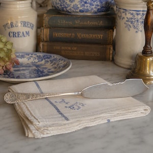 May include: A silver-toned metal butter knife with an ornate, embossed floral pattern on the handle and a wide, flat blade featuring a small serrated edge near the tip. The knife rests horizontally on a folded off-white linen napkin.