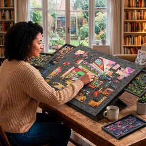 May include: A dark gray felt-covered jigsaw puzzle board with a tilted work surface and multiple sliding side trays. The board holds an incomplete puzzle depicting a storefront with red, white, and blue bunting, surrounded by loose puzzle pieces.