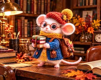 Schema PDF per realizzare un topolino autunnale all'uncinetto, topolino amigurumi con libri, cappotto e zaino.