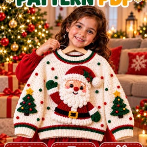 Patrón de suéter de Papá Noel a crochet, jersey navideño para niños pequeños, idea de regalo navideño, diseño de pompón de árbol con apliques, descarga fácil en PDF.