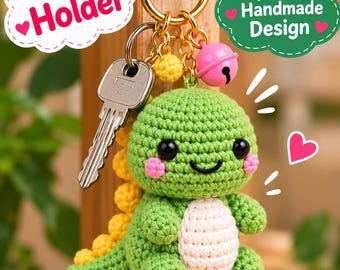 Schema per portachiavi a forma di dinosauro all'uncinetto, simpatico ciondolo amigurumi a forma di dinosauro, accessorio per borsa fatto a mano, tutorial PDF per principianti, download digitale