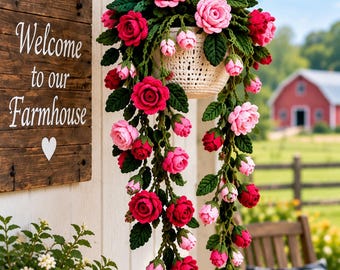 Schema per ghirlanda di rose all'uncinetto, decorazione murale floreale a forma di vite in formato PDF, schema floreale all'uncinetto per la casa