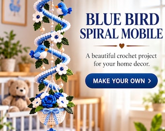 Schema PDF per realizzare un uccellino blu all'uncinetto a spirale, ideale per decorare cestini di fiori da appendere.