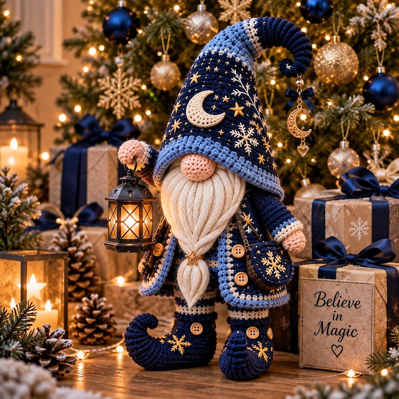 Crochet Gnome Pattern, Winter Celestial Gnome PDF, Amigurumi Gnome with Lantern image 1