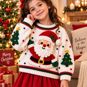 Könnte beinhalten: Ein cremefarbener, langärmeliger Strickpullover mit einer großen, dreidimensionalen gehäkelten Weihnachtsmann-Applikation auf der Vorderseite, akzentuiert durch kleine rote und grüne Bommeln sowie gehäkelte Tannenbaummotive an den Ärmeln.