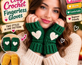 Fingerless Gloves Crochet Pattern, Ribbed Hand Warmers, Cozy Winter Gift, Heart Motif Textured Stitch, Instant Download PDF