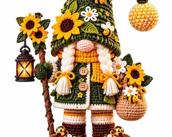 Schema PDF per realizzare un gnomo girasole all'uncinetto, gnomo da giardino amigurumi, gnomo dei fiori, gnomo dell'ape, decorazioni per la casa all'uncinetto, download digitale.
