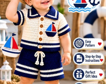 Modello per completo da marinaio all'uncinetto per bambino, set nautico per neonato, camicia, pantaloncini, cappello, abbigliamento estivo fatto a mano in formato PDF