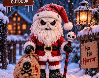 Schema per uncinetto di Babbo Natale horror, Babbo Natale teschio amigurumi PDF, decorazioni natalizie inquietanti