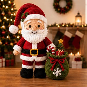 Jultomten virkmönster PDF, Jultomten Amigurumi mönster, Tomtedocka med presentpåse, Nybörjarvänligt virkmönster