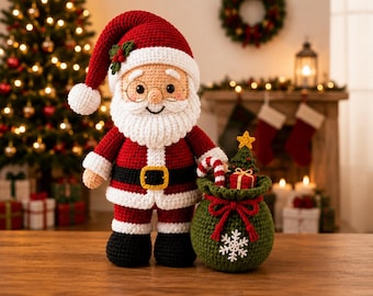 Schema all'uncinetto di Babbo Natale in PDF, schema amigurumi di Babbo Natale per Natale, bambola di Babbo Natale con sacco regalo, schema all'uncinetto adatto ai principianti