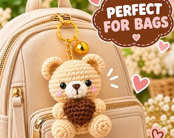 Schema per portachiavi a forma di orsetto all'uncinetto, ciondolo a forma di cuore amigurumi per borsa, grazioso regalo fatto a mano, tutorial digitale in PDF