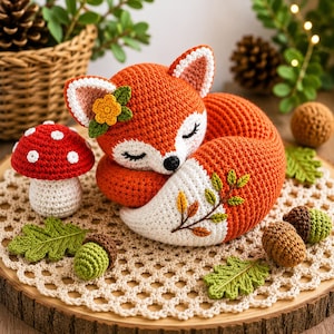 May include: A crocheted orange and white fox figurine with closed eyes, featuring a yellow flower on its ear and a leaf embroidery on its tail. Beside it sits a red and white crocheted mushroom, two green crocheted acorns, and two green leaves.