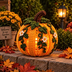 Puede incluir: Una decoración de calabaza naranja tejida a ganchillo con un tallo marrón, enredaderas verdes tejidas y pequeñas flores blancas. La calabaza presenta un patrón de punto abierto que permite que una luz cálida brille desde su centro.