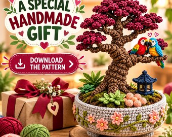 Crochet Bonsai Tree Pattern, Amigurumi Parrot Planter Home Decors, Miniature Zen Garden Burgundy Canopy, Printable PDF Download